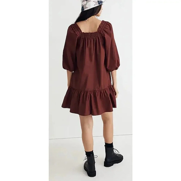 Madewell L Poplin Mini Dress Maroon Cotton Square Neck Boho Fall Prairie Comfy - Picture 2 of 14